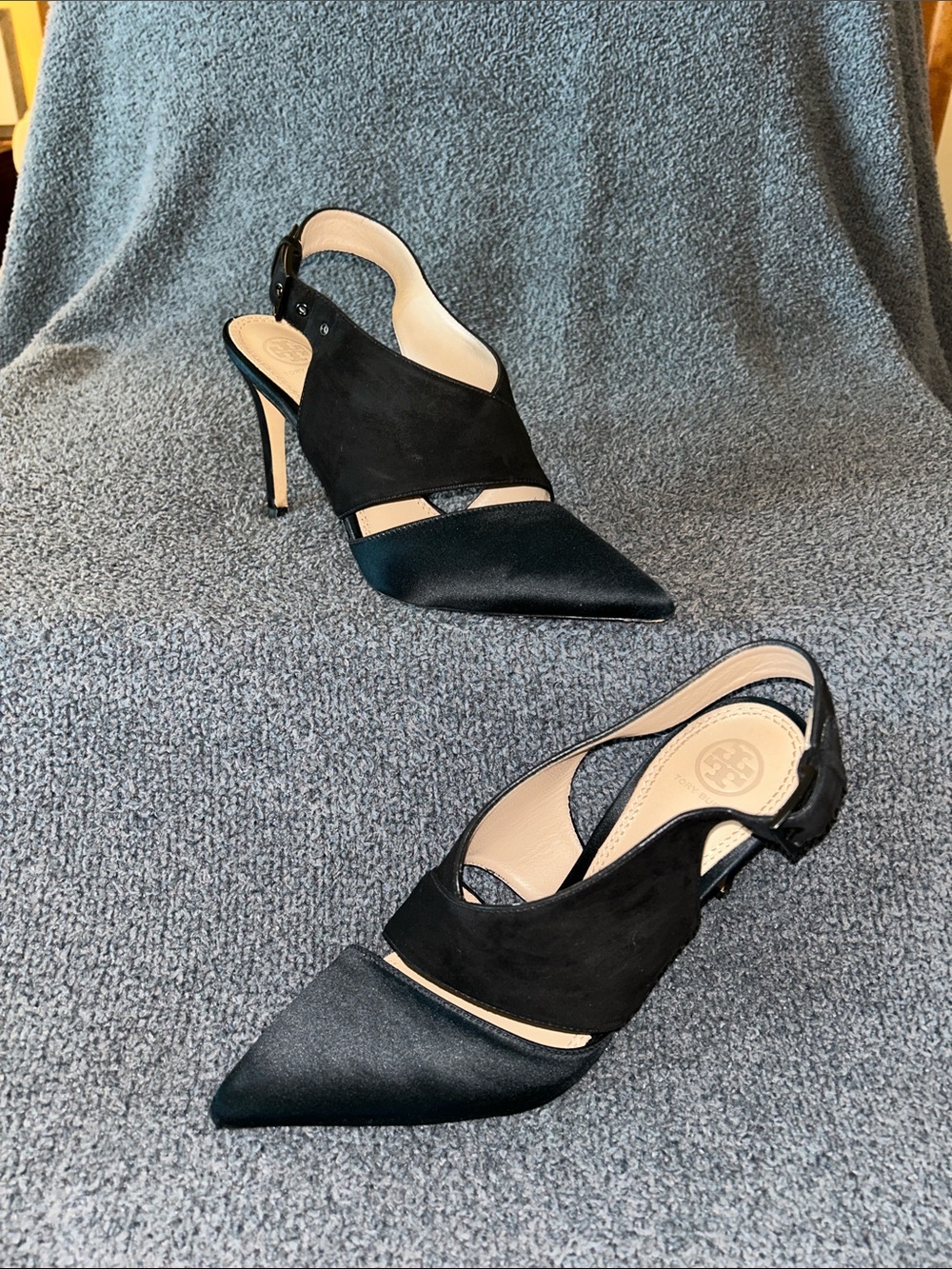 Tory Burch Black Pointed Satin and Suede Slingback Heels